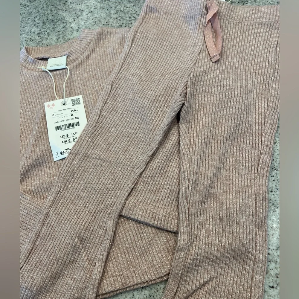Zara Kids Ribbed Matching Set in Light Mauve Pink